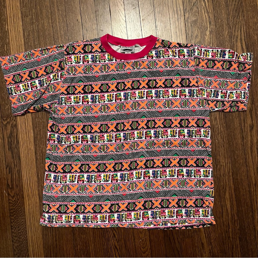 Vintage Synopsis Geometric Pattern Bright Vibrant Cosby Shirt Pink Orange Black